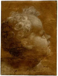 Beccafumi - Hoofd van een kind dat omhoog kijkt, in profiel naar rechts Penseeltekening in grijsbruine en witte olieverf, op bruin geprepareerd papier, met lijnen ingesprongen, 1528 (circa)