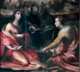 Christus kroont de Maagd Maria en vier heiligen (detail)