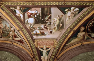 De zelfmoord van Cato van Utica (Marcus Porcius Cato Uticensis), of Cato de Jongere (95-46 v.Chr.), fresco van Domenico di Giacomo di Pace, genaamd Beccafumi (1486-1551), 1524-1530, afmetingen 100x130 cm, Siena, Palazzo Casini Casuccini