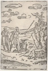 De vervalser die naast een aambeeld staat en een man in ketenen voorttrekt, uit „De verschillende bewerkingen van de alchemie“
