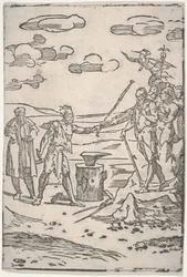De vervalser staande bij een aambeeld trekt een man in kettingen, uit de serie De var..., ca. 1540-1550