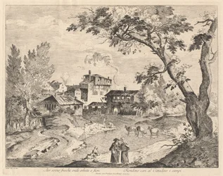 Landelijk dorp langs een rivier met reizigers