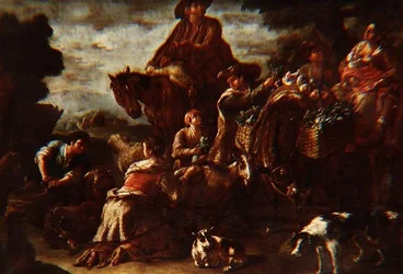 Boeren op weg naar de markt met een meisje dat een geit melkt