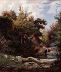 Landschap van natuur, kreupelhout en stroom met waterval