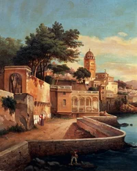 Uitzicht op Genua vanuit de tuinen van Palazzo Doria Pamphilj, door Pasquale Domenico Cambiaso (1811-1894), Italië