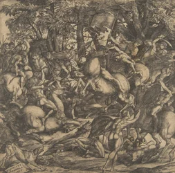 Groep naakte mannen in gevecht in een bosrijk landschap, sommigen te paard, een hond bij lo..., 1517
