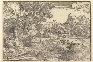 Landschap met Sint Hiëronymus links kijkend naar leeuw en beer vechtend in het midden...
