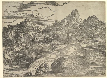 Landschap met Familie die Samen Wandelt op de Voorgrond, links twee Figuren met