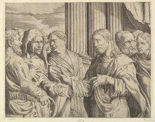 Het belastinggeld: Christus in het midden rechts wijzend naar een man links van hem met munten, ca. 1564-89