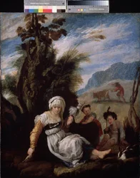 "Adam en Eva" Adam werkt in de velden en 