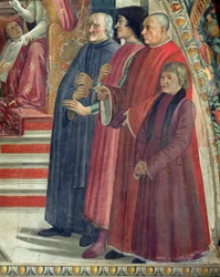 St. Franciscus ontvangt de regel van de orde van paus Honorius, scène uit de cyclus van het leven van St. Franciscus van Assisi (detail)