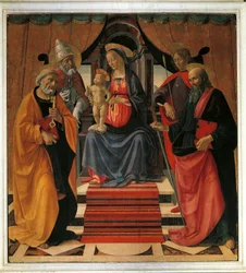 Heilige Conversatie. De Maagd Maria en Jezus Christus omringd door St. Peter, St. Paul, St. Sebastian en Paus St. Clement