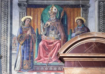 Sint Zenobius, bisschop en beschermer van Florence, tussen de heiligen Eugenius en Crescenzio en Marzocco, de leeuw, symbool van de stad door Domenico Ghirlandaio (1449-1494), fresco, detail, Palazzo Vecchio, Leliekamer (Sala dei Gigli), Florence