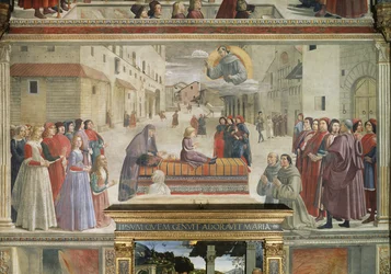 Het wonder van de jongen die weer tot leven komt, scène uit een cyclus van het Leven van St. Franciscus van Assisi (detail)