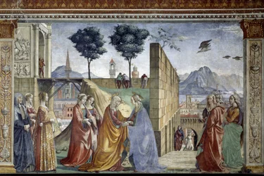 Het verhaal van Sint Johannes de Doper: De Visitatie. Fresco door Domenico Ghirlandaio (1449-1494)
