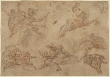 Allegorische figuren gezien van onderen (pen en bruine inkt met rood gewassen, gehoogd met wit, over rood krijt)