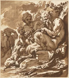 Een satyr die zijn familie vermaakt