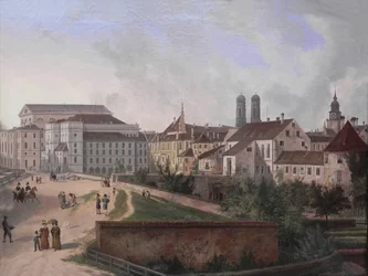 Duits: Die Königliche Residenz von Nordosten im Jahr 1827 De koninklijke residentie in München vanuit het noordoosten in 1827