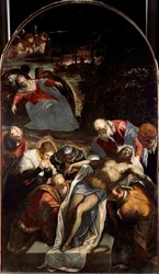 Het graf - Onder de personages rondom het lichaam van Jezus Christus: Sint Nicodema, Jozef van Arimathea, Sint Jan, de Maagd Maria en Sint Jan