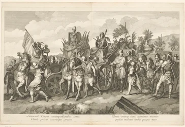Militaire stoet met oorlogsbuit op kar Triomftocht van Alexander de Grote in Babylon