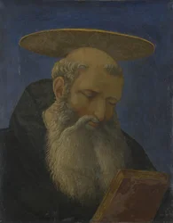 Hoofd van een geschoren, bebaarde heilige van het Carnesecchi-tabernakel, ca. 1440