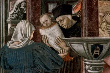 Geschiedenis van het ziekenhuis: "Uitzicht op het weeshuis van Santa Maria della Scala in Siena" het huwelijk van een jonge wees. Detail van de verlating van de wees bij haar geboorte. Fresco van Domenico di Bartolo (1400/1404-1445/47) in de zaal van de Pe