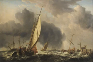 Vissersboten en Man o War in een briesje bij de monding van een rivier, 1771