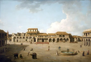 Havana Square (Cuba), augustus en september 1762, onder Britse bezetting met een troep soldaten in rode uniformen, beschrijving van de gebouwen en enkele Engelse zeelieden bij de fontein