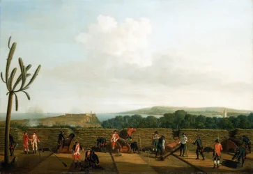 Zevenjarige Oorlog (1756-1763): De verovering van Havana (Cuba) in 1762, de Britse kanonbatterij voor het Morro-kasteel, geïnstalleerd op een houten platform, met een beschermende borstwering, de kanonniers zijn gekleed in blauw, aan de horizon, het Morro-