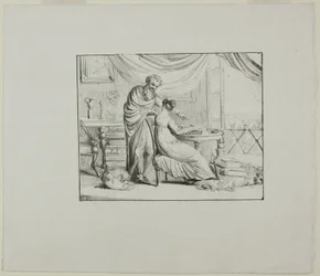 Denon geeft les aan een jonge vrouw die op een lithografische steen tekent