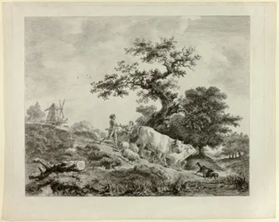 Landschap met windmolen, jonge man en meisje, en twee ossen