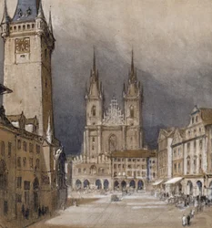 Praag en zijn Stadhuis (kleur litho)