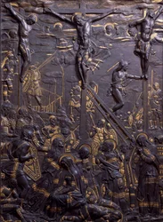 Kruisiging van Christus, ca 1465, door Donatello (ca 1386-1466), damasceen bronzen reliëf, 93x70 cm. Italië
