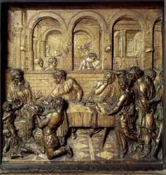 Het banket van Herodes Antipas II (21 v.Chr.-39 n.Chr.). Detail van het onderste reliëf van de doopvont, vervaardigd door Donato di Niccolò di Betto Bardi, genaamd Donatello (1386-1466)