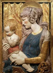 Maagd en Kind, ca. 1440, door Donatello (ca. 1386-1466), beschilderd en verguld terracotta reliëf