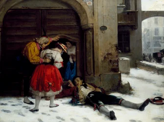 Terugkeer na een nachtelijk feest, schilderij door Domenico Scattola (1814-1876)