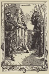 Koning Anguish geeft Isolt aan Sir Tristram (litho).