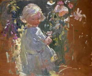 Bloemen plukken (olieverf op board)