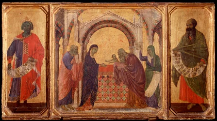 Leven van Christus: Koning Salomo, de presentatie in de tempel, Maleachi. Predella van La Maesta