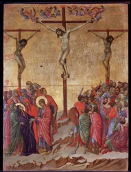 De kruisiging. Aan de zijkanten, de goede dief (Dismas) en de onboetvaardige dief (Gestas)