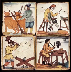 Azulejos-paneel: voorstelling van ambachten, boerenploeg, spaarder, houtklover en een pijper