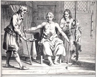 Bloedtransfusie van een hond, uit Armamentarii Chirurgici van Johannes Schultes (1595-1645), gepubliceerd in Amsterdam, 1671