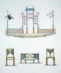 Chinese poort en tuinbanken, uit 