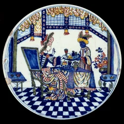 Delfts porseleinen bord met een voorstelling van een vrouw aan tafel die door haar Zwarte bediende wordt bediend. 1705, Sèvres, Nationaal Keramiekmuseum