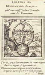 Gloria immortalis labore parta, illustratie uit Emblemata door Hadrianus Junius, uitgegeven door Christophe Plantin, Antwerpen, 1565