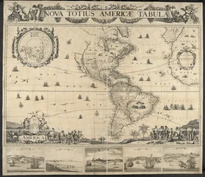 Kaart van Amerika, Nova totius Americae Tabula, [met uitzichten van] Panama, Caput S. Augustini, Nieu Amsterdam, S. Salvador, Nombre D. Dios. Gedrukt bij J. Mathysz