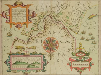 Kaart van de Straat van Magellaan, Patagonië, uit de Mercator Atlas uitgegeven door Jodocus Hondius, Amsterdam, 1606