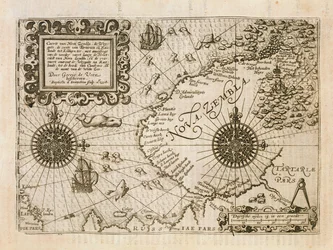 Kaart van het pas ontdekte Nova Zembla, illustratie uit Diarium Nauticum, seu vera descriptio trium navigationum admirandarum... door Gerrit de Veer, 1598