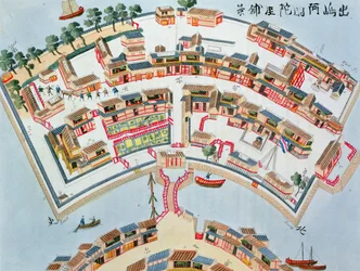 Plan van de Nederlandse fabriek op het eiland Desima bij Nagasaki, uit Illustrations of Japan door Isaac Titsingh (ca. 1740-1812), gepubliceerd Londen, 1822