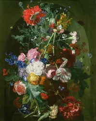 Stilleven van bloemen in een terracotta vaas in een nis